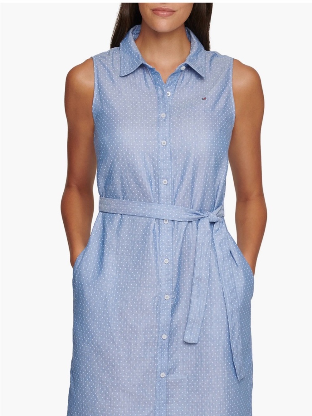 Tommy Hilfiger Blue Dotted Chambray Sleeveless Shirtdress. Size 8 NWT